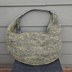 FLORA BELLA Raffia Grass Leather Handles Green Brown XL Tote Shoulder Beach Bag